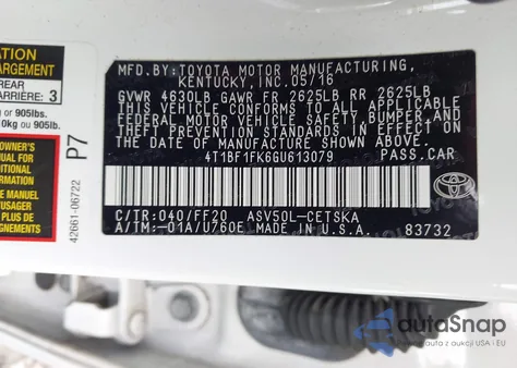 2016 Toyota Camry Se z USA, uszkodzony, nr VIN 4T1BF1FK6GU613079
